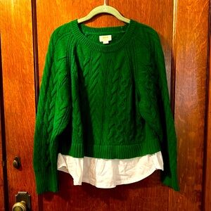 Maeve Kelly green cable knit sweater with faux shirt tails